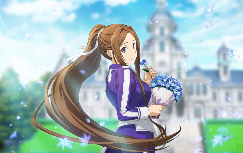 1girl blue_flower blurry blurry_background bouquet brown_hair closed_mouth day floating_hair flower from_behind hair_ribbon holding holding_bouquet holding_flower jacket long_hair long_sleeves looking_at_viewer looking_back outdoors ponytail purple_jacket ribbon school_uniform smile solo sortiliena_serlut standing sunlight sword_art_online sword_art_online:_alicization sword_mastery_academy_school_uniform very_long_hair violet_eyes white_ribbon