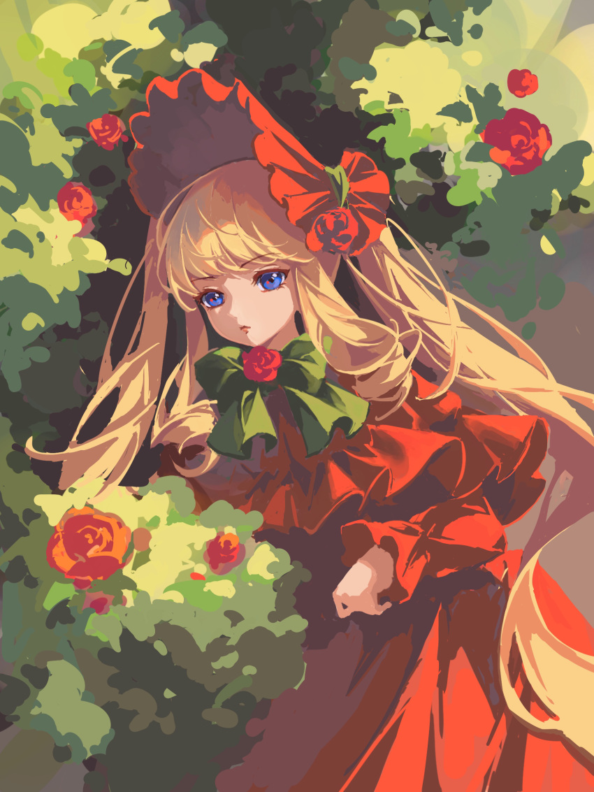 1girl absurdres blonde_hair blue_eyes bonnet bow bowtie capelet closed_mouth commentary dress drill_locks expressionless flower frilled_capelet frills green_bow green_bowtie highres lolita_fashion long_hair long_sleeves looking_at_viewer medium_bangs mio4moon red_capelet red_dress red_flower red_headwear red_rose rose rozen_maiden shinku solo twintails upper_body very_long_hair