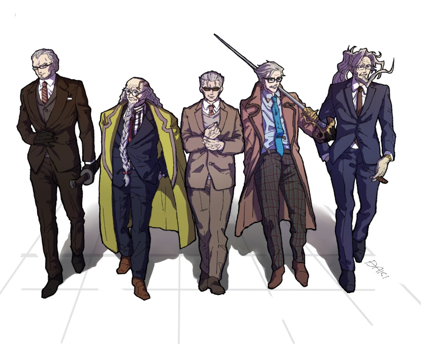 5boys alternate_costume arms_behind_back balding beard black_gloves black_pants black_suit blue_necktie blue_pants blue_suit braid braided_beard brown_coat brown_pants brown_suit cane casual christopher_columbus_(fate) cigar coat coat_on_shoulders facial_hair fate/grand_order fate_(series) formal full_body glasses gloves grey_hair hand_in_pocket highres holding holding_cane holding_cigar holding_sword holding_weapon james_moriarty_(archer)_(fate) li_shuwen_(fate) li_shuwen_(old)_(fate) long_beard long_hair looking_to_the_side male_focus mature_male multiple_boys multiple_braids necktie old old_man pants red_necktie scar scar_on_face shirt short_hair simple_background smile striped striped_necktie striped_shirt suit sunglasses sword syuugou_11 very_long_beard watch watch weapon white_background white_shirt wrinkled_skin yagyuu_munenori_(fate) yellow_coat zhang_jue_(fate)