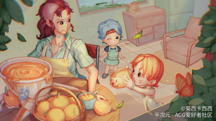 3girls apron artist_name bellemere blue_hair bug butterfly chinese_text cigarette closed_mouth family female_child food fruit headband highres juxika_xixi long_hair looking_at_another low_ponytail mandarin_orange mohawk mother_and_daughter multiple_girls nami_(one_piece) nojiko one_eye_closed one_piece open_mouth orange_hair outstretched_arms overall_skirt pants pink_hair ponytail shirt short_hair smile standing striped striped_shirt