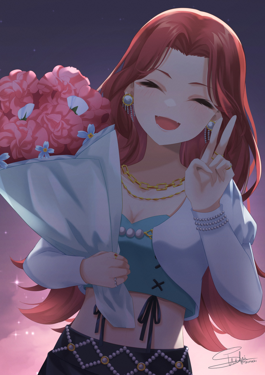 absurdres asahina_akane_(3rd_costume)_(nijisanji) asahina_akane_(nijisanji) bead_bracelet beads black_skirt blue_shirt bouquet bracelet breasts chain_necklace closed_eyes crop_top earrings evening fangs flower highres jacket jewelry long_sleeves medium_breasts midriff necklace nijisanji official_alternate_costume open_mouth parted_bangs pearl_earrings pink_flower puffy_long_sleeves puffy_sleeves redhead ring shiinochi shirt signature skirt smile star_(sky) suspender_skirt suspenders tearing_up upper_body virtual_youtuber white_jacket