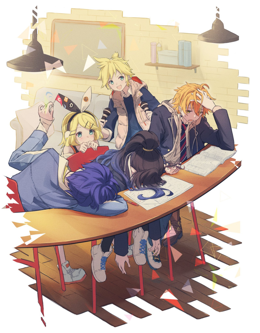 2girls 3boys black_hair blazer blonde_hair blue_eyes blue_jacket blue_pants bow chair commentary diagonal-striped_necktie flag gradient_hair grey_jacket hair_bow head_on_table headphones high_ponytail highres holding holding_flag hood hooded_jacket jacket kagamine_len kagamine_rin kaito_(vocaloid) kamiyama_high_school_uniform_(project_sekai) long_sleeves mammun_728 mini_flag multicolored_hair multiple_boys multiple_girls pants project_sekai school_uniform shinonome_akito shiraishi_an shirt studying sweat table two-tone_bow vivid_bad_squad_kaito vivid_bad_squad_len vivid_bad_squad_rin vocaloid white_shirt