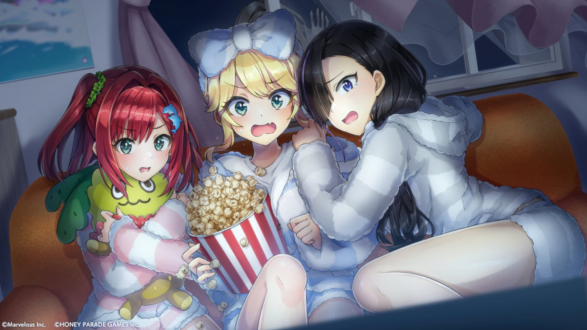 3girls black_hair blonde_hair blue_eyes coach dolphin_wave fang food green_eyes hair_ornament hair_over_one_eye highres izumi_kiri kurose_minami multicolored_hair multiple_girls object_hug official_art open_mouth pajamas popcorn redhead sakimiya_iruka side_ponytail striped striped_pajamas swept_bangs two-tone_hair violet_eyes