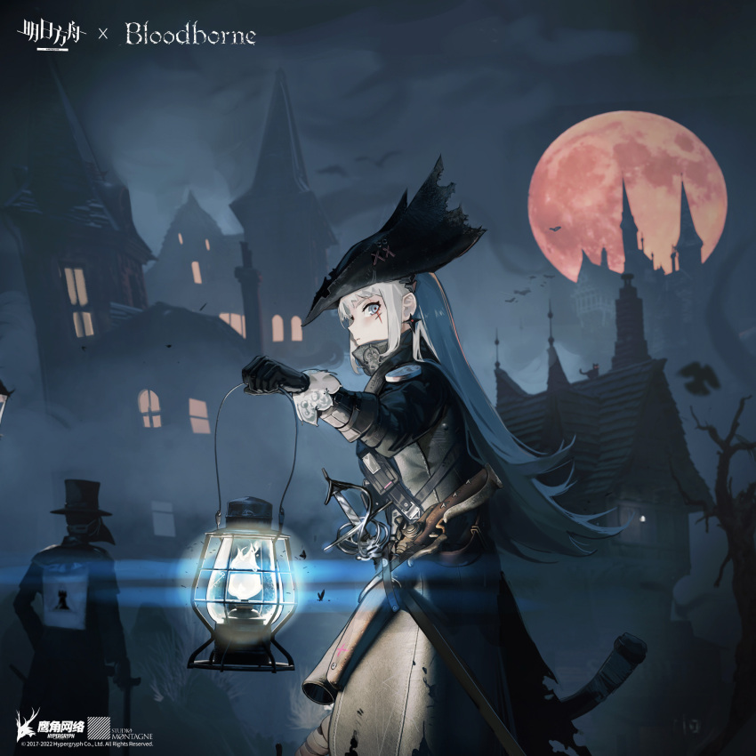 1girl 1other arknights black_coat black_gloves black_headwear bloodborne castle closed_mouth clouds cloudy_sky coat cosplay doctor_(arknights) earrings fire full_moon gloves gun highres holding holding_lantern holstered house hunter_(bloodborne) hunter_(bloodborne)_(cosplay) irene_(arknights) jewelry juliet_sleeves lantern liguokai long_hair long_sleeves looking_at_viewer moon night outdoors plague_doctor plague_doctor_mask puffy_sleeves rapier scar scar_across_eye sheath sheathed sky sword very_long_hair weapon white_eyes white_fire white_hair