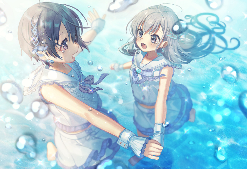 2girls barefoot blush braid brooch earrings floating_hair frilled_sailor_collar frilled_skirt frills grey_eyes grey_hair highres hisakawa_hayate holding_hands idolmaster idolmaster_cinderella_girls jewelry long_hair looking_at_another meisa multiple_girls neck_ribbon open_mouth otokura_yuuki ribbon ribbon_braid sailor_collar shirt skirt smile tearing_up water water_drop white_shirt white_skirt wrist_cuffs