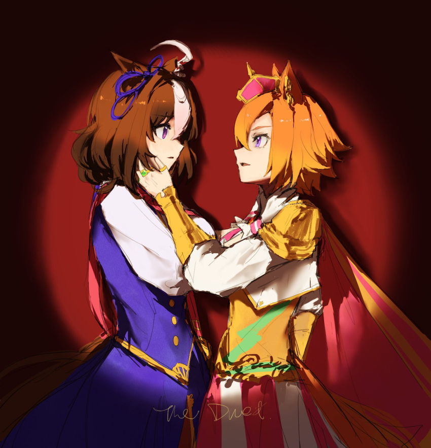 2girls ahoge animal_ears armor az_(azkin_g) blue_skirt blue_vest brown_hair cape corset crown ear_ribbon english_text eye_contact fingerless_gloves gloves hair_between_eyes hands_on_another's_cheeks hands_on_another's_face highres horse_ears horse_girl horse_tail long_sleeves looking_at_another looking_at_viewer medium_hair meisho_doto_(umamusume) mini_crown multicolored_hair multiple_girls open_mouth orange_hair pink_cape shirt short_hair shoulder_armor sideways_mouth skirt smile spotlight t.m._opera_o_(umamusume) tail two-tone_hair umamusume vest violet_eyes white_gloves white_shirt