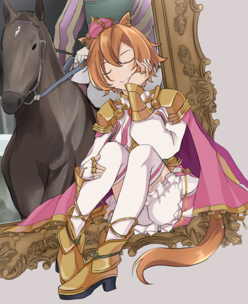 1boy 1girl cape closed_eyes commentary creature_and_personification full_body hair_between_eyes highres horse horse_girl jockey orange_hair photo-referenced pink_cape real_life short_hair sitting t.m._opera_o_(racehorse) t.m._opera_o_(umamusume) thigh-highs umamusume usako_(umauma0602) wada_ryuji white_thighhighs yellow_footwear