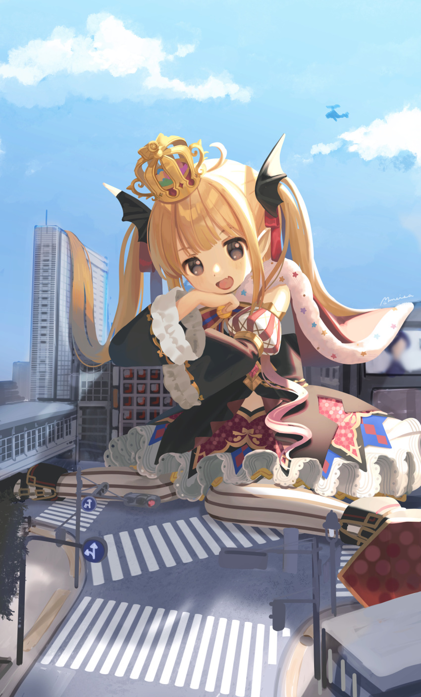 1girl absurdres aircraft bat_wings black_eyes blonde_hair blue_sky building cape city clouds crosswalk crown day demon_girl detached_sleeves dress fang futaba_anzu giant giantess head_rest head_wings helicopter highres idolmaster idolmaster_cinderella_girls long_hair meisa open_mouth outdoors pantyhose pointy_ears puffy_detached_sleeves puffy_sleeves sitting skin_fang sky smile solo striped striped_pantyhose twintails vertical-striped_pantyhose vertical_stripes very_long_hair wings