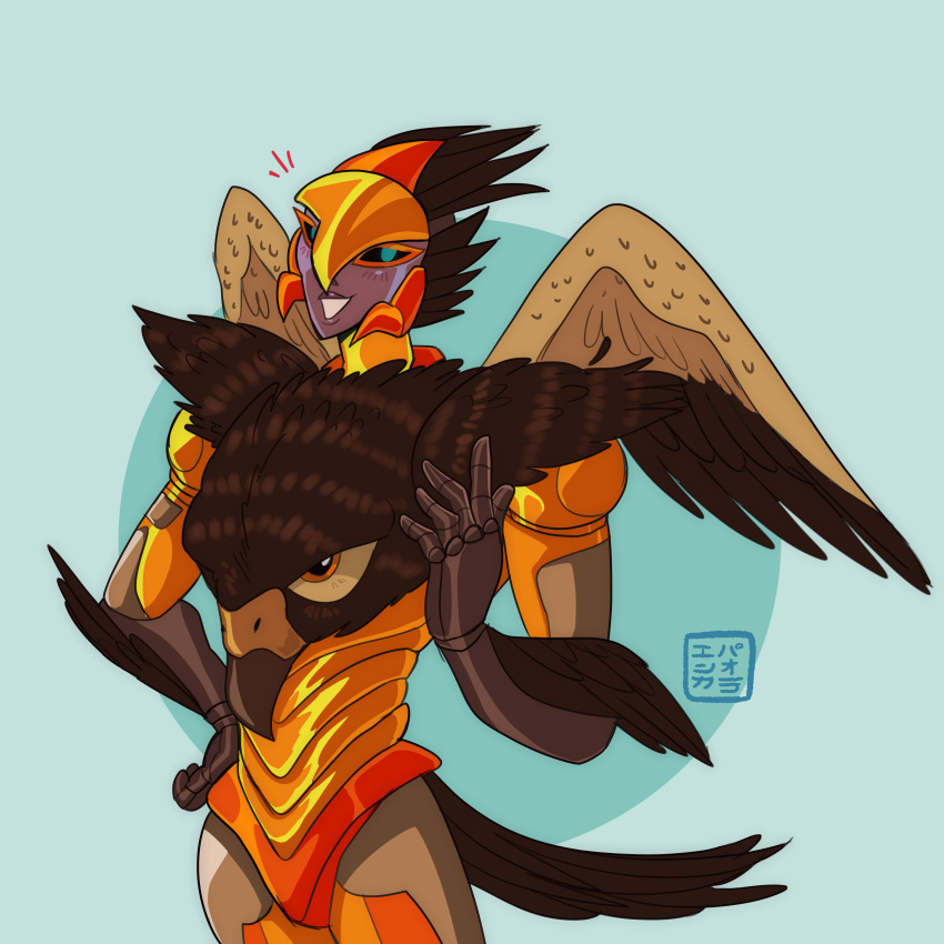 1girl absurdres airazor armor beast_wars feathered_wings feathers green_eyes highres humanoid_robot kabuki-aku orange_panties panties robot robot_girl transformers underwear wings