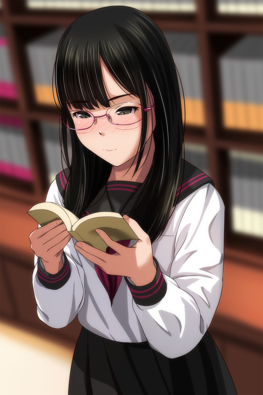 1girl absurdres black_hair black_sailor_collar black_skirt blurry blurry_background blush book bookshelf brown_eyes closed_mouth commentary_request depth_of_field glasses half-closed_eyes highres holding holding_book long_hair long_sleeves looking_away matsunaga_kouyou neckerchief nose_blush open_book original pleated_skirt puffy_long_sleeves puffy_sleeves purple-framed_eyewear purple_neckerchief sailor_collar shirt skirt solo white_shirt