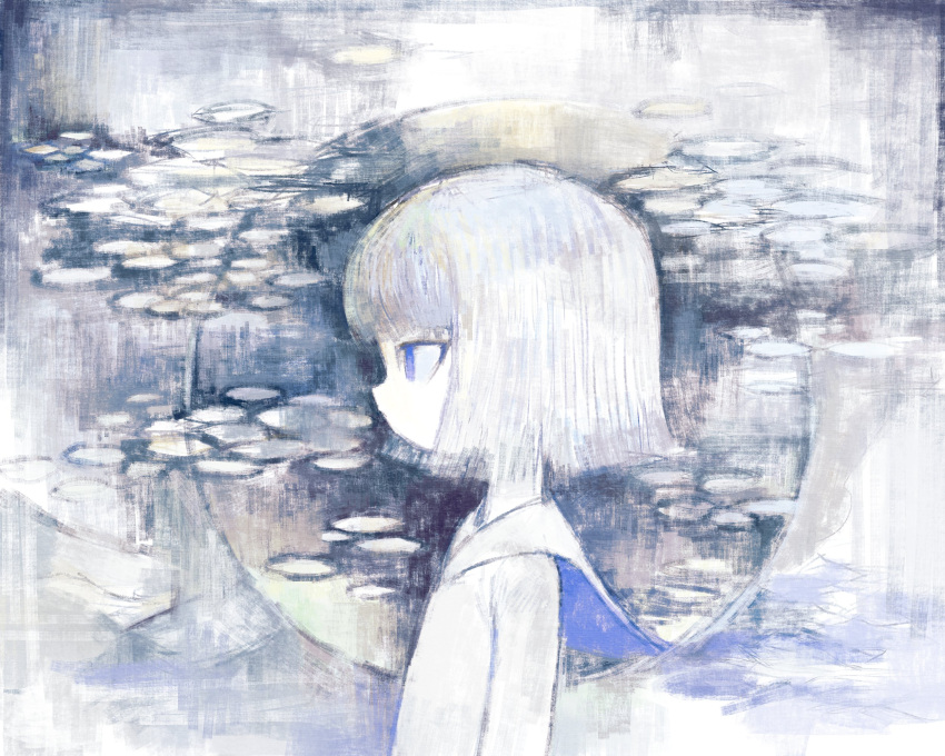 1girl abstract_background blue_eyes capelet circle expressionless highres looking_ahead nedoco original parted_bangs profile shirt short_hair solo standing straight_hair upper_body white_background white_capelet white_hair white_shirt white_theme