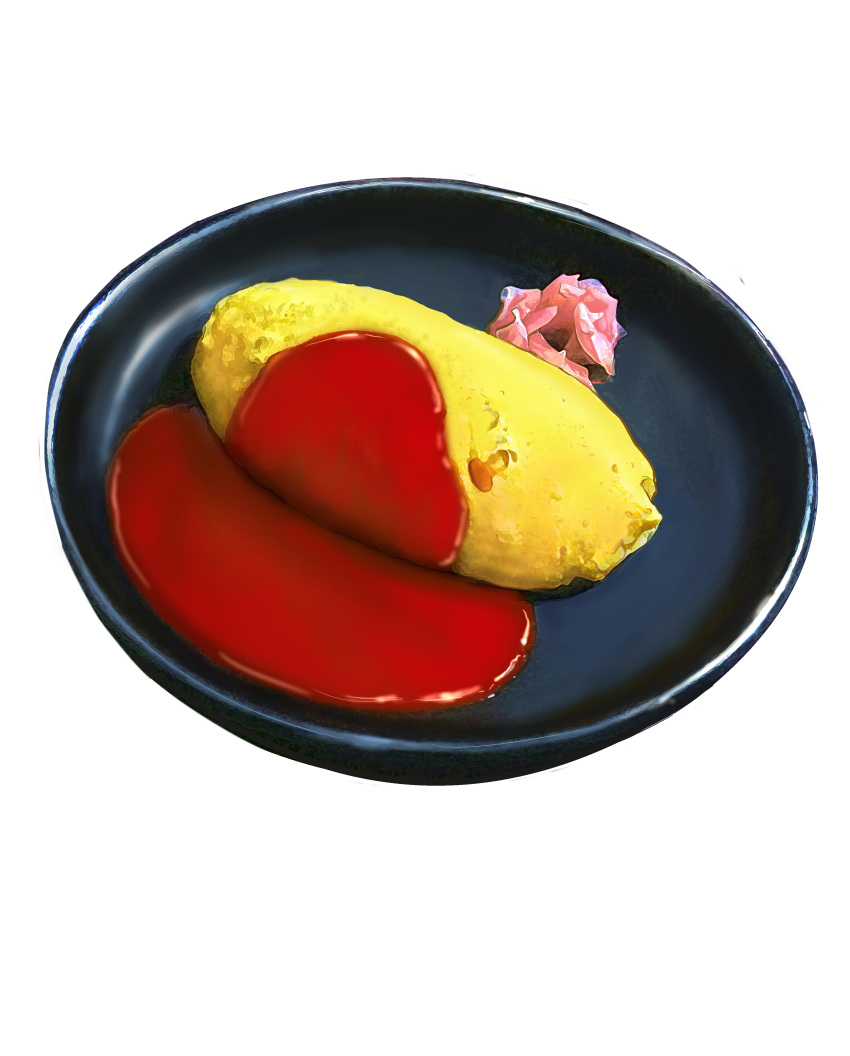 absurdres fd375575 food food_focus highres ketchup no_humans omelet omurice original plate simple_background still_life white_background