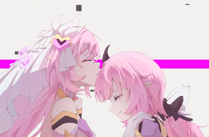 2girls bare_shoulders closed_eyes closed_mouth elysia_(herrscher_of_human:ego)_(honkai_impact) elysia_(honkai_impact) gloves hand_on_another's_shoulder highres honkai_(series) honkai_impact_3rd kiss kissing_forehead long_hair low_ponytail multiple_girls pink_hair pointy_ears ponytail rio3237337810 selfcest simple_background smile upper_body white_gloves white_headwear