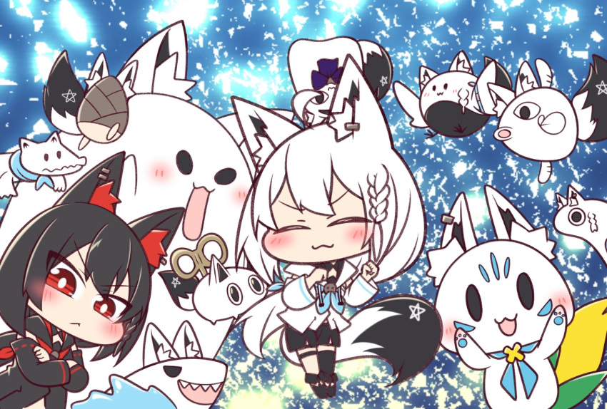 2girls :3 ahoge animal_ear_fluff animal_ears black_hair black_hoodie black_shorts black_thighhighs blue_neckerchief blush braid chibi closed_eyes commentary_request crossed_arms detached_sleeves earrings fox_ears fox_girl fox_tail fubuchun fubuzilla_(shirakami_fubuki) hair_between_eyes highres hololive hood hoodie jewelry kurokami_fubuki long_hair looking_at_viewer mascot miteiru_(shirakami_fubuki) multiple_girls neckerchief nejima_kitsune_(shirakami_fubuki) oruyanke_(shirakami_fubuki) papironto7007 pentagram red_eyes red_neckerchief redhead shirakami_fubuki short_shorts shorts sidelocks single_braid single_thighhigh sukonbu_(shirakami_fubuki) tail thigh-highs thigh_strap v-shaped_eyebrows virtual_youtuber white_hair white_hoodie