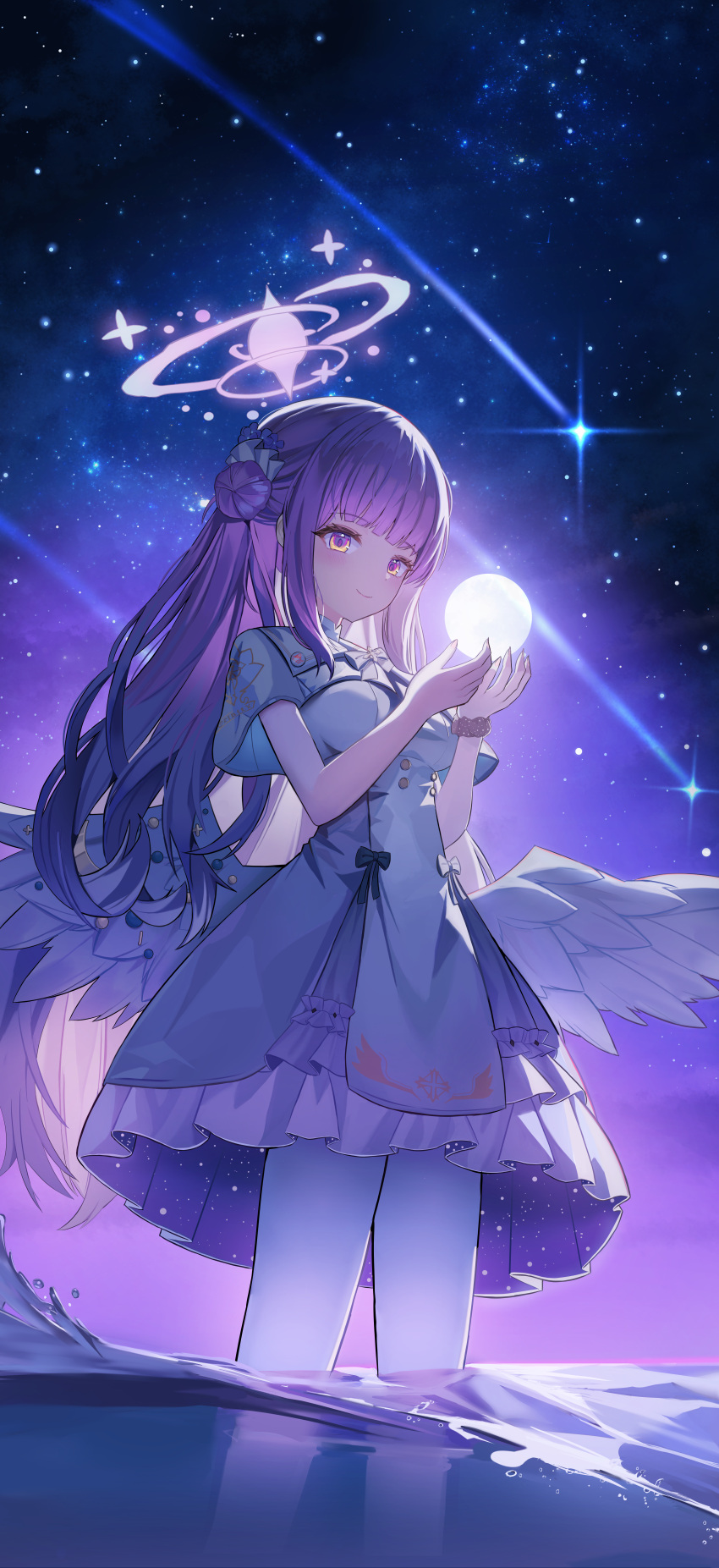 1girl absurdres angel_wings blue_archive blue_bow blunt_bangs bow capelet comet commentary_request feathered_wings flower hair_flower hair_ornament hair_scrunchie halo highres horizon in_water iv_(iv70311741) long_hair looking_at_viewer mika_(blue_archive) night night_sky one_side_up orb pantyhose school_uniform scrunchie sidelocks sky sleeveless smile solo star_(sky) starry_sky white_capelet white_pantyhose white_wings wings wrist_scrunchie