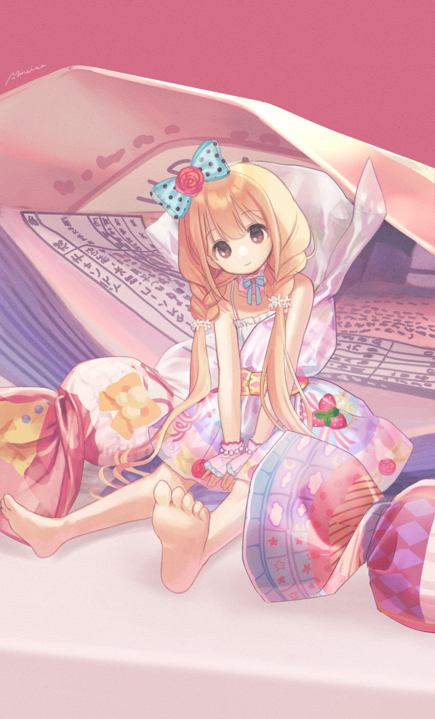 1girl bare_shoulders barefoot blonde_hair bow braid brown_eyes candy candy_wrapper dress feet food full_body futaba_anzu hair_bow highres idolmaster idolmaster_cinderella_girls long_hair meisa mini_person minigirl multicolored_clothes multicolored_dress sitting sleeveless sleeveless_dress smile solo toes twin_braids twintails v_arms very_long_hair wrist_cuffs