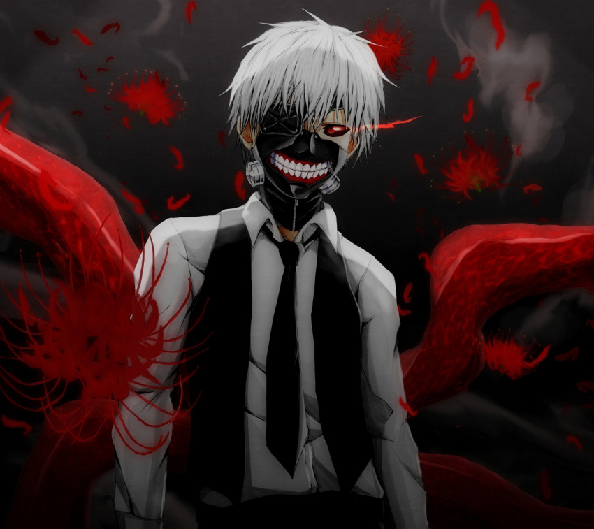 1boy alpha_transparency black_necktie black_pants black_sclera black_vest colored_sclera eyepatch flower glowing glowing_eye kaneki_ken long_sleeves male_focus mask necktie one_eye_covered pants petals shirt short_hair spider_lily teeth_print tokyo_ghoul vest white_hair white_shirt yukimachi37