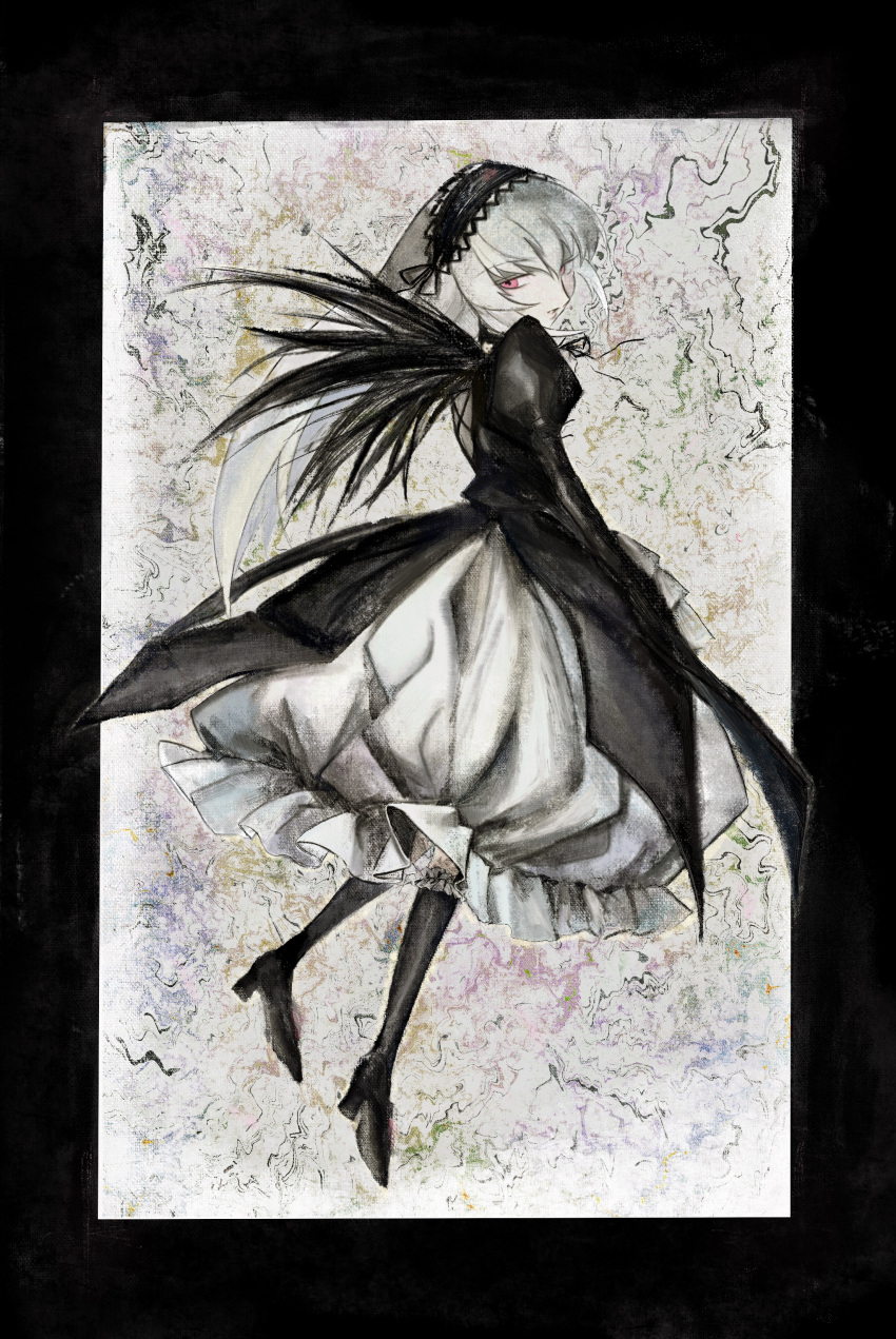 1girl absurdres black_dress black_footwear black_hairband black_ribbon black_wings boots commentary dress expressionless feathered_wings frilled_dress frilled_hairband frills full_body gothic_lolita grey_hair hair_ribbon hairband high_heel_boots high_heels highres ineuoy juliet_sleeves knee_boots layered_dress lolita_fashion lolita_hairband long_hair long_sleeves looking_at_viewer looking_back medium_bangs parted_lips pink_eyes puffy_sleeves ribbon rozen_maiden solo suigintou white_dress wings