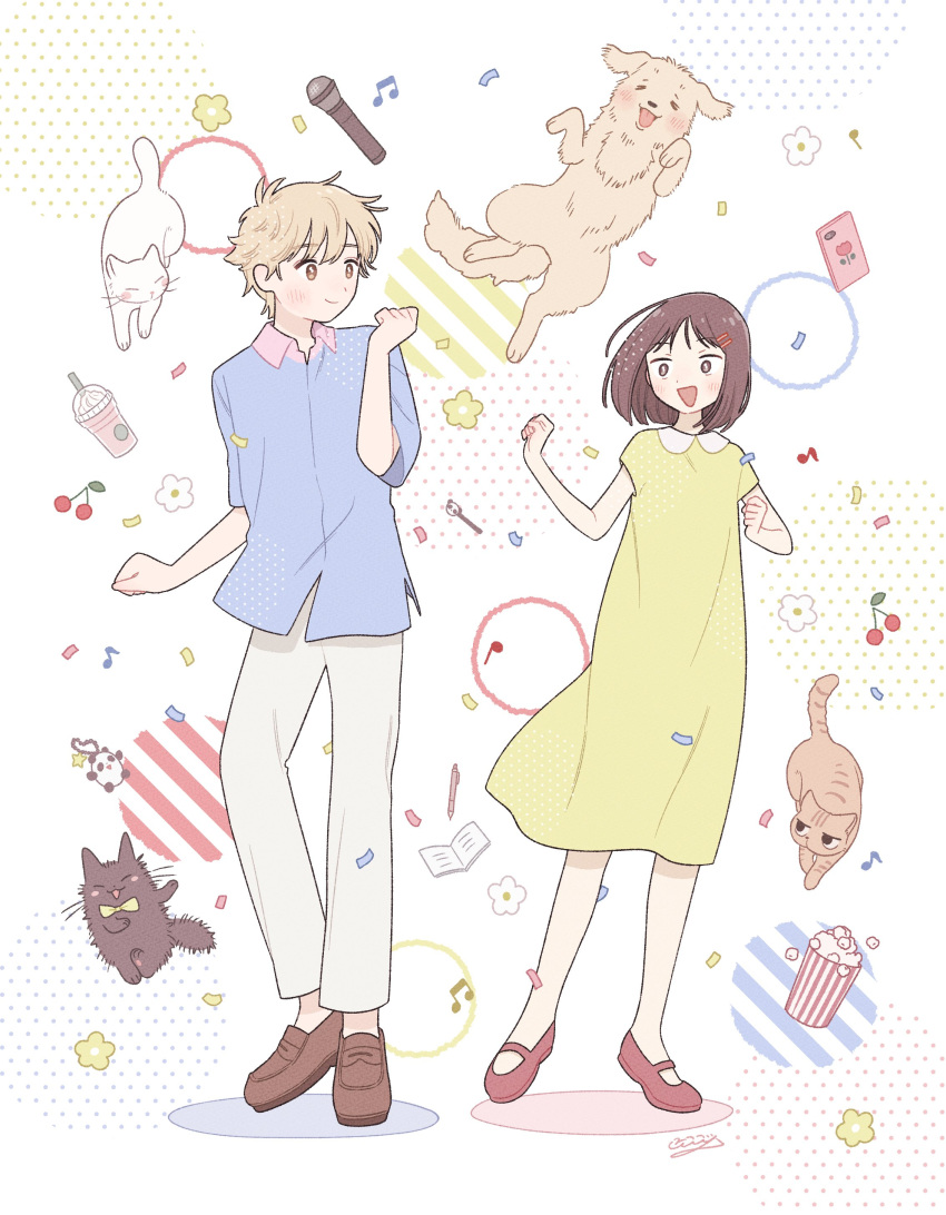 1boy 1girl :d absurdres beamed_eighth_notes blonde_hair blue_shirt blush brown_eyes brown_footwear brown_hair cat cherry closed_mouth collared_shirt commentary_request confetti dancing dog dress eighth_note flower food fruit hair_ornament hairclip highres iwakura_mitsumi loafers mary_janes microphone milkshake musical_note nicogoly no_socks open_mouth pants popcorn red_footwear shima_sousuke shirt shoes short_sleeves signature skip_to_loafer smile untucked_shirt white_pants yellow_dress