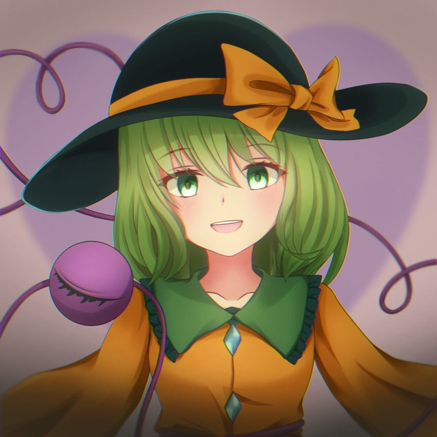 1girl black_headwear bow collarbone green_eyes green_hair hat hat_bow hatoman_(ytef4434) heart heart_of_string highres komeiji_koishi long_sleeves looking_at_viewer open_mouth short_hair solo third_eye touhou upper_body yellow_bow