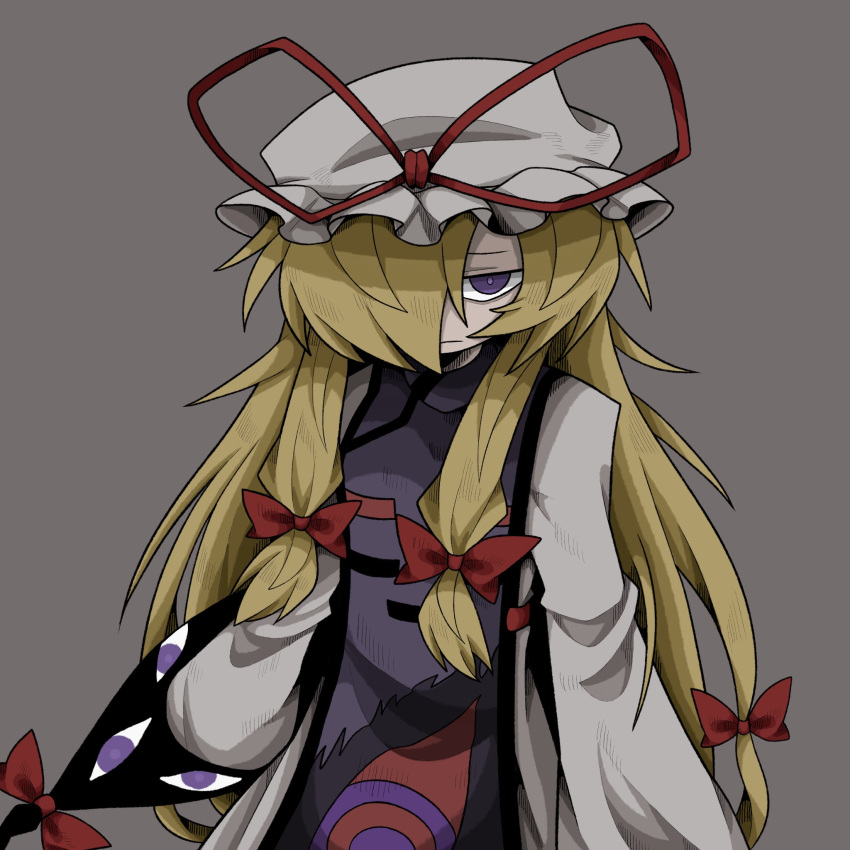 1girl blonde_hair bow closed_mouth dress grey_background hair_bow hair_over_one_eye hat hat_ribbon hatching_(texture) highres linear_hatching long_hair long_sleeves looking_at_viewer mob_cap multiple_hair_bows portal_(object) ribbon simple_background solo tabard touhou trigram upper_body violet_eyes white_dress yakumo_yukari zunusama