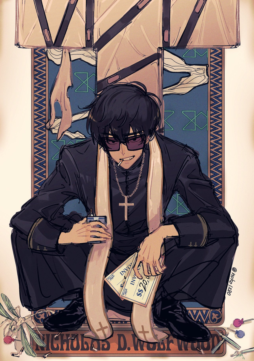 1boy black_eyes black_footwear black_hair black_robe box cassock character_name cigarette cross cross_necklace full_body grin highres holding holding_box holding_paper jewelry long_sleeves looking_at_viewer male_focus mouth_hold necklace nicholas_d._wolfwood noko_(noko1280) paper priest robe shoes short_hair smile solo squatting stole sunglasses teeth teeth_hold trigun trigun_stampede twitter_username white_background