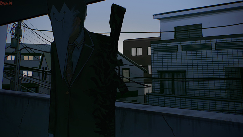 1boy apartment arm_cannon arms_at_sides assault_rifle balcony black_jacket blazer blue_sky building chainsaw_man city collared_shirt commentary_request covered_face emoticon gun hasyage highres jacket kenmochi_touya long_sleeves male_focus mask morning muted_color necktie nijisanji outdoors parody plaid_necktie red_necktie rifle scene_reference shirt sky smile solo standing twitter_username virtual_youtuber weapon white_shirt
