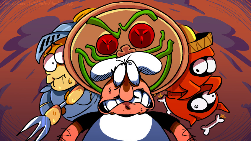 1boy bandito_chicken brown_sky chef_hat clouds commentary crazy_eyes english_commentary facial_hair fork forknight hat highres knight kris_does looking_up mustache peppino_spaghetti pizza_tower pizzaface sky sombrero teeth v-shaped_eyebrows white_headwear