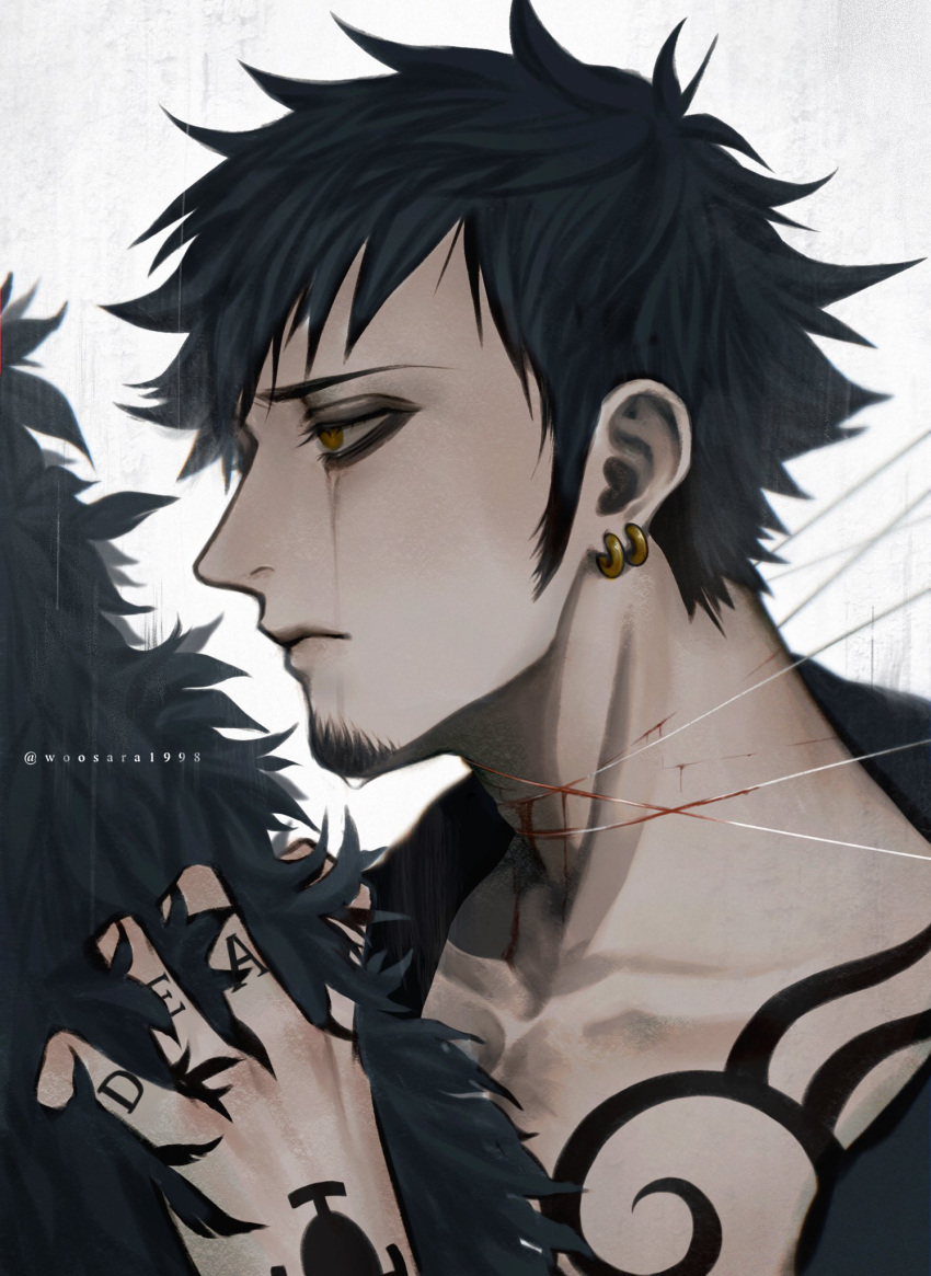 2boys black_hair bleeding blood chest_tattoo collarbone donquixote_rocinante earrings facial_hair finger_tattoo fur_coat goatee hand_tattoo highres jewelry male_focus multiple_boys one_piece profile short_hair sideburns tattoo thread trafalgar_law upper_body wosara yellow_eyes