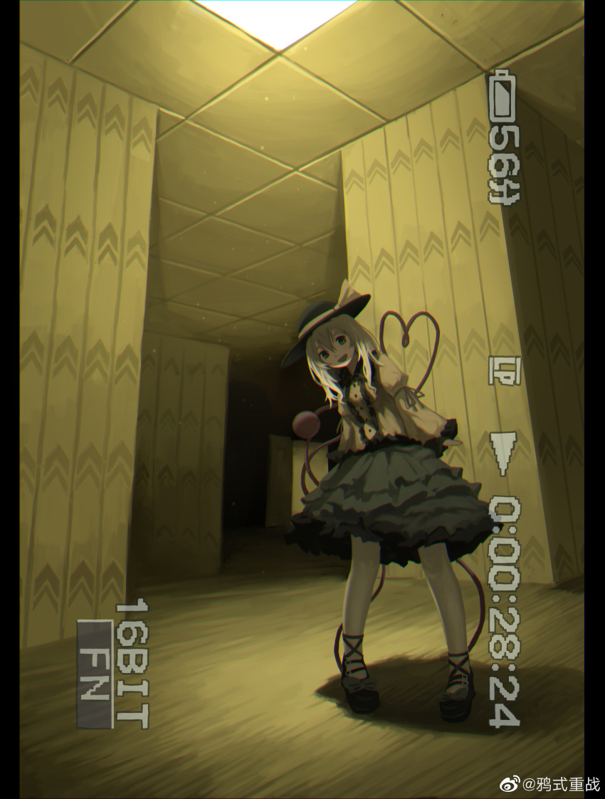 1girl :d absurdres backrooms_(creepypasta) battery_indicator black_footwear black_headwear blouse bow buttons ceiling_light chinese_commentary commentary footwear_bow frilled_sleeves frills full_body green_bow green_eyes green_ribbon green_skirt grey_hair hair_between_eyes hat hat_bow heart heart_of_string highres indoors komeiji_koishi long_hair long_sleeves looking_at_viewer open_mouth recording ribbon shirt shoes skirt smile solo standing third_eye touhou weibo_logo weibo_username wide_sleeves xii_yashizhongzhan yellow_bow yellow_shirt