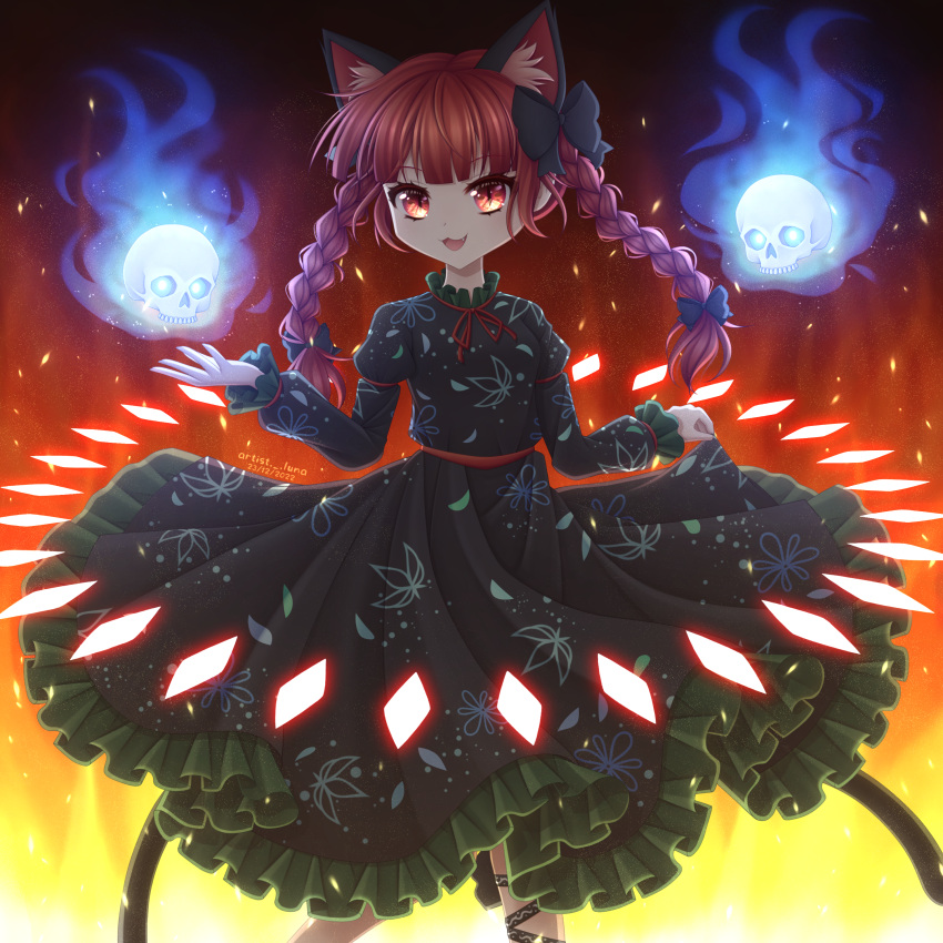 1girl :3 :d absurdres artist._.luna breasts cat_tail commentary_request danmaku dress fang floating_skull gradient_background grey_dress highres hitodama kaenbyou_rin multiple_tails nekomata open_mouth orange_background red_eyes redhead simple_background slit_pupils small_breasts smile solo tail touhou two_tails