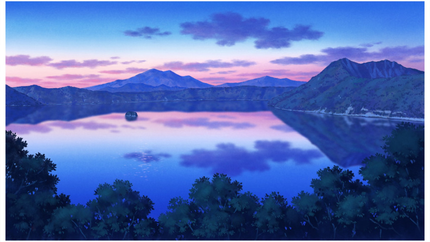 blue_sky clouds cloudy_sky forest hariken highres island mountain mountainous_horizon nature no_humans original plant red_sky reflection reflective_water scenery sky sunset tree