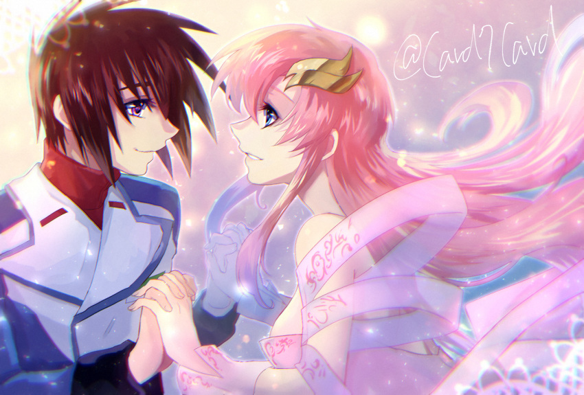 1boy 1girl blue_eyes breasts brown_hair closed_mouth couple dress eye_contact floating_hair from_side grin gundam gundam_seed hair_between_eyes hetero holding_hands interlocked_fingers kira_yamato lacus_clyne long_hair looking_at_another medium_breasts military military_uniform open_mouth pink_dress pink_hair profile short_hair sideboob smile strapless strapless_dress twitter_username uniform violet_eyes wave_hair_ornament yuuka_seisen