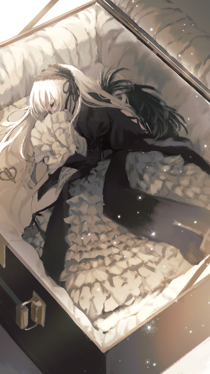 1girl bag black_dress black_hairband black_ribbon black_wings briefcase closed_eyes commentary cross_print dress feathered_wings frilled_dress frilled_hairband frilled_sleeves frills full_body gothic_lolita hair_ribbon hairband highres in_bag in_container juliet_sleeves layered_dress lolita_fashion lolita_hairband long_hair long_sleeves pocochino puffy_sleeves ribbon rozen_maiden sleeping solo suigintou white_dress wide_sleeves winding_key wings
