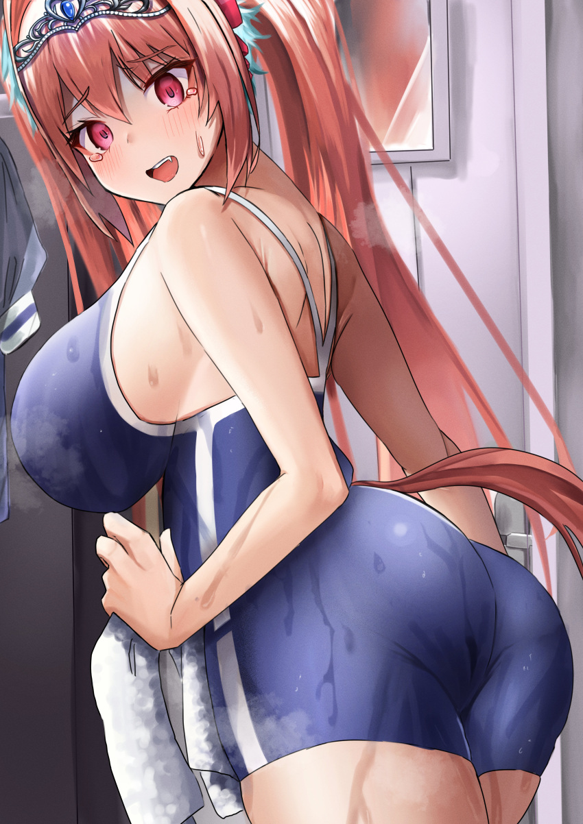 1girl absurdres bare_shoulders blue_one-piece_swimsuit breasts brown_hair daiwa_scarlet_(umamusume) groin highres horse_girl horse_tail indoors large_breasts looking_at_viewer looking_back one-piece_swimsuit open_mouth po_musubi red_eyes school_swimsuit solo swimsuit tail thighs tiara twintails umamusume upper_body wet wet_clothes wet_swimsuit wide_hips