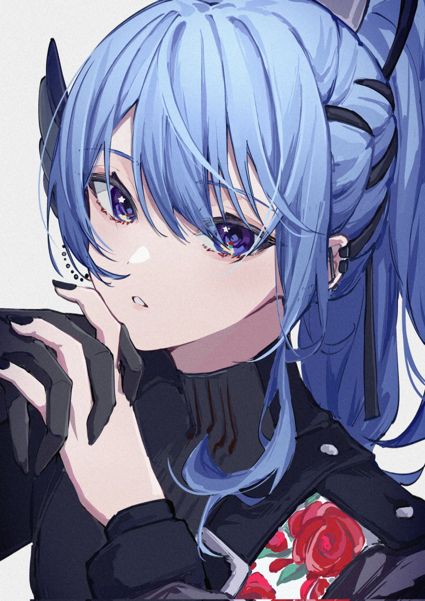 1girl black_gloves black_nails blue_eyes blue_hair commentary ear_piercing floral_print gloves grey_background hair_ribbon highres hololive hoshimachi_suisei mirai99 official_alternate_costume official_alternate_hairstyle piercing ponytail ribbon simple_background single_glove solo star_(symbol) star_in_eye symbol_in_eye virtual_youtuber