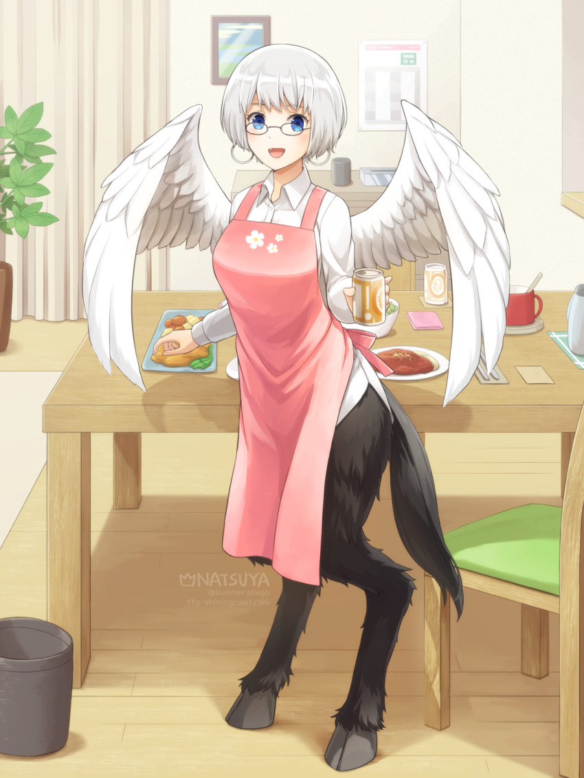 1girl :d apron artist_name black-framed_eyewear blue_eyes blush breasts can chair collared_shirt commentary_request curtains fang feathered_wings food full_body glasses highres holding holding_can hooves indoors long_sleeves looking_at_viewer meat medium_bangs medium_breasts natsuya_(kuttuki) open_mouth original pink_apron plant plate potted_plant round_eyewear satyr shirt short_hair smile solo standing table trash_can web_address white_hair white_shirt white_wings wings wooden_chair wooden_table