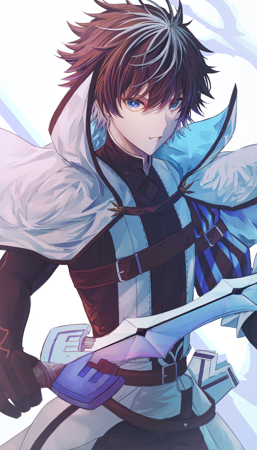 1boy absurdres black_hair blue_eyes cape charlemagne_(fate) fate/grand_order fate_(series) gloves hair_between_eyes highres holding holding_sword holding_weapon joyeuse_ordre_(fate) looking_at_viewer male_focus multicolored_hair short_hair simple_background smile solo sword two-tone_hair upper_body weapon white_background white_cape white_hair yagi_(yagi5art)