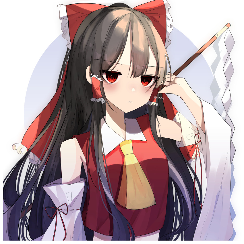 1girl absurdres ascot black_hair bow commentary_request commission crop_top detached_sleeves expressionless frills gohei hair_bow hair_tubes hakurei_reimu highres long_hair long_sleeves looking_at_viewer parted_lips red_bow red_eyes red_vest shion_343 solo symbol-shaped_pupils touhou upper_body vest wide_sleeves yellow_ascot