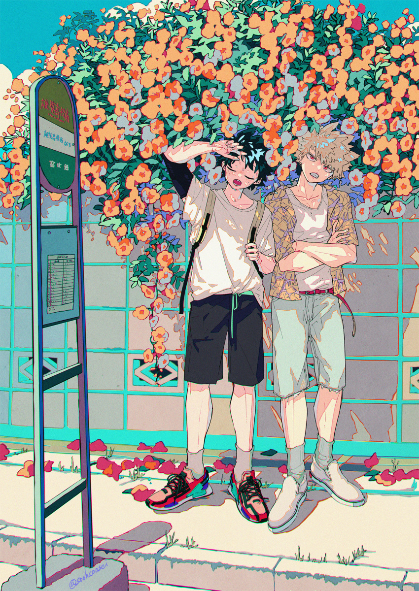 2boys alternate_costume arm_up backpack bag bakugou_katsuki belt belt_buckle black_shorts blonde_hair blue_shorts blue_sky blush boku_no_hero_academia buckle bus_stop bus_stop_sign casual cel_shading check_flower chromatic_aberration closed_eyes clothing_request collarbone cross-laced_footwear crossed_arms dark_green_hair day dot_nose drawstring eyebrows_hidden_by_hair film_grain flower flower_request freckles full_body grey_socks hair_between_eyes hand_up hands_up head_tilt highres holding_strap jacket lapels ligne_claire looking_at_viewer male_focus midoriya_izuku morning_glory multicolored_clothes multicolored_jacket multiple_boys notched_lapels open_clothes open_jacket open_mouth orange_flower outdoors paper petals pink_belt pink_lips print_jacket red_eyes red_footwear road_sign scar scar_on_arm scar_on_hand shade shading_eyes shadow shirt shirt_partially_tucked_in shoes short_hair short_sleeves shorts sidewalk sign sky sneakers socks souko_(floyd) spiky_hair standing sweat t-shirt two-tone_jacket v-shaped_eyebrows white_shirt