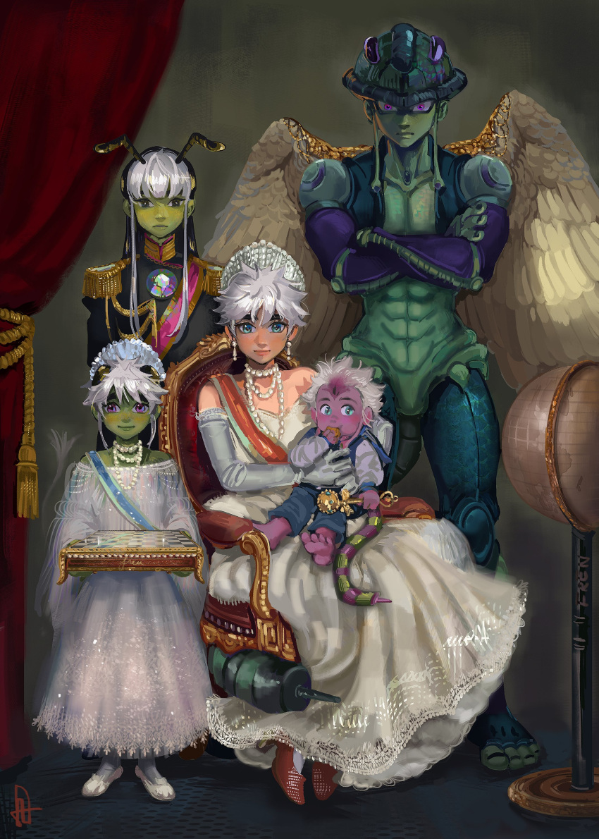 2boys 3girls abs absurdres arthropod_boy black_hair blue_eyes chessboard colored_skin crossed_arms curtains dress earrings elbow_gloves family feathered_wings fewer_digits french-unicorn globe gloves green_skin grey_gloves highres hunter_x_hunter if_they_mated jewelry komugi_(hunter_x_hunter) long_earlobes long_hair looking_at_viewer meruem multiple_boys multiple_girls navel necklace purple_skin red_footwear shoes short_hair standing throne violet_eyes white_dress white_footwear white_hair white_wings wings
