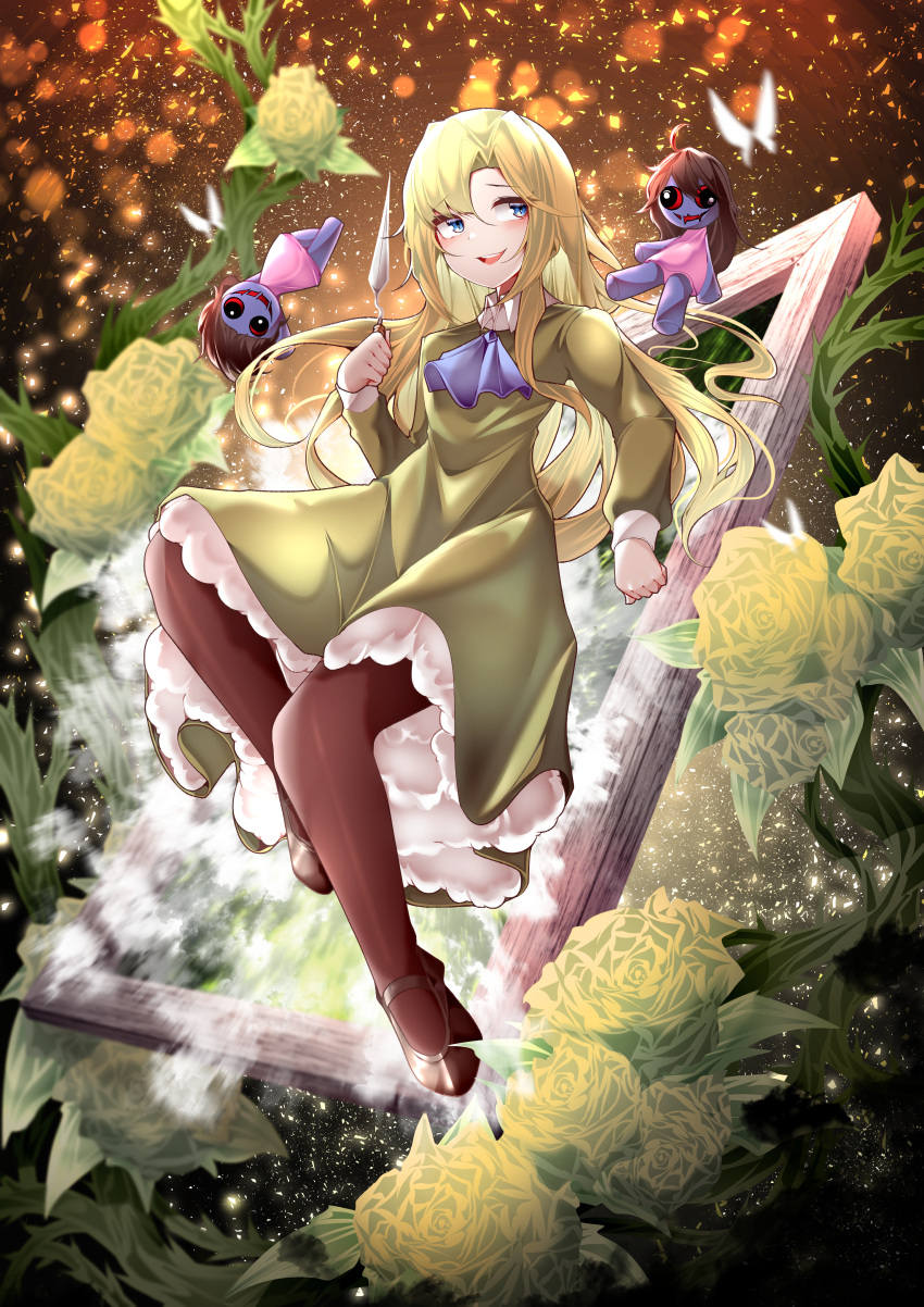 1girl :d absurdres black_pantyhose blue_eyes bug butterfly dress green_dress green_flower highres holding holding_knife ib knife long_hair looking_to_the_side mary_(ib) pantyhose picture_frame plant samip smile