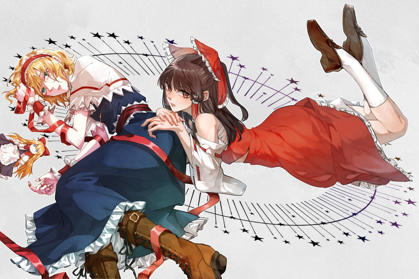 2girls absurdres alice_margatroid blonde_hair blue_dress blue_eyes boots bow brown_eyes brown_footwear brown_hair capelet cross-laced_footwear detached_sleeves doll dress frfccof_11 frilled_dress frilled_hair_tubes frilled_hairband frilled_skirt frills hair_bow hair_tubes hairband hakurei_reimu highres jewelry lolita_hairband long_hair multiple_girls ponytail puffy_short_sleeves puffy_sleeves puppet_rings puppet_strings red_bow red_eyes red_hairband red_shirt red_skirt ring sarashi shanghai_doll shirt short_hair short_sleeves skirt skirt_set socks touhou white_capelet white_sleeves white_socks wide_sleeves