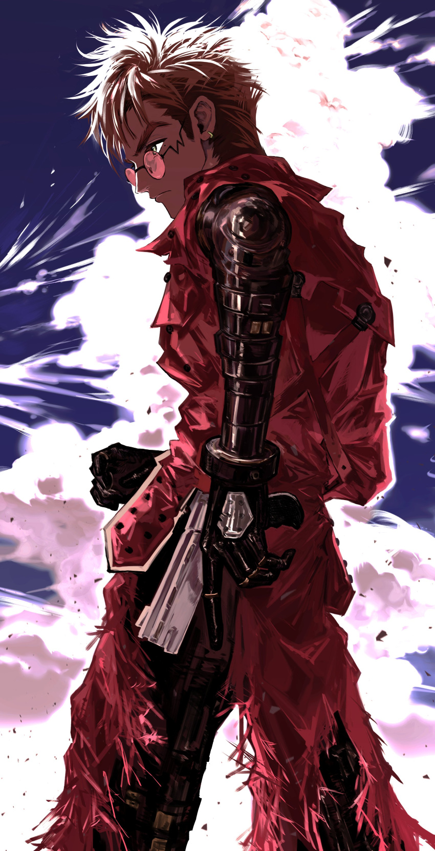 1boy absurdres black_gloves blonde_hair cowboy_shot earrings furrowed_brow glasses gloves gun handgun highres holding holding_gun holding_weapon jacket jewelry long_jacket looking_to_the_side male_focus my_nameisyoon profile red_jacket short_hair solo standing torn_jacket trigun undercut vash_the_stampede weapon