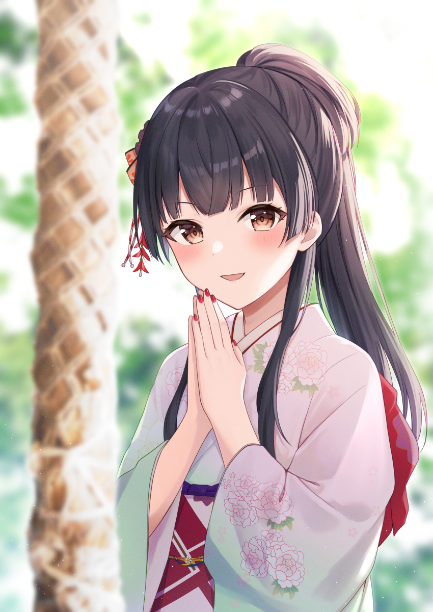 1girl absurdres black_hair blunt_bangs blurry blurry_background blurry_foreground brown_eyes commentary_request floral_print furisode hair_ornament highres idolmaster idolmaster_shiny_colors japanese_clothes kimono long_hair looking_at_viewer mayuzumi_fuyuko mochiko_(uyu_omochi) nail_polish new_year obi ponytail praying print_kimono red_nails sash solo upper_body