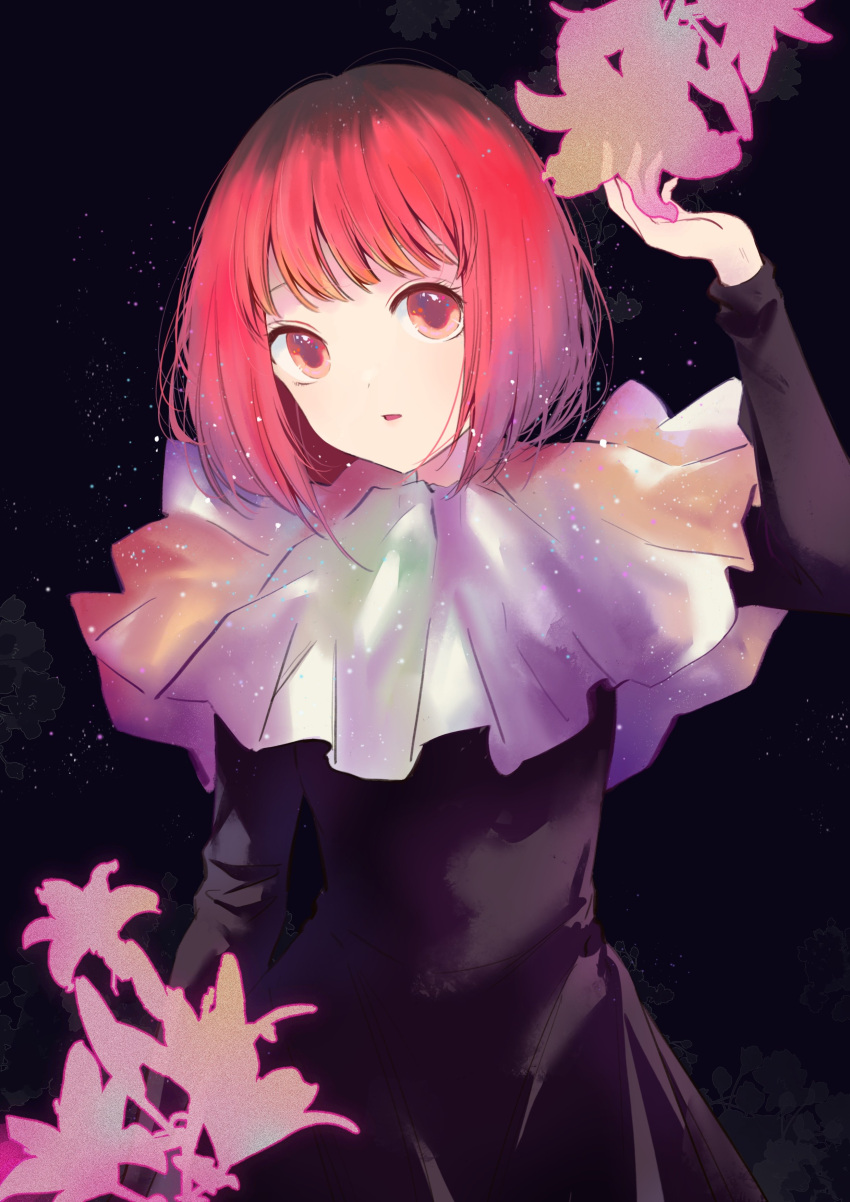 1girl absurdres arima_kana arm_up black_dress dress frilled_dress frills highres light_particles long_sleeves looking_at_viewer oshi_no_ko parted_lips purple_background red_eyes redhead short_hair silhouette solo xiang_yu_pai