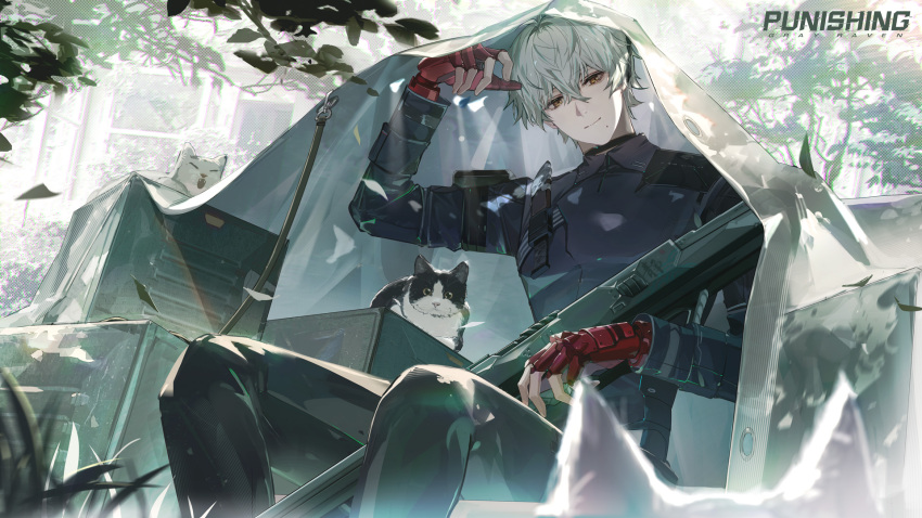1boy animal artist_request belt birthday box cat covering_head fingerless_gloves gloves grass gun head_tilt highres holding holding_weapon knife looking_at_viewer mechanical_parts mole official_art punishing:_gray_raven rifle sitting smile sniper_rifle sunlight tree wanshi_(punishing:_gray_raven) weapon white_hair yellow_eyes