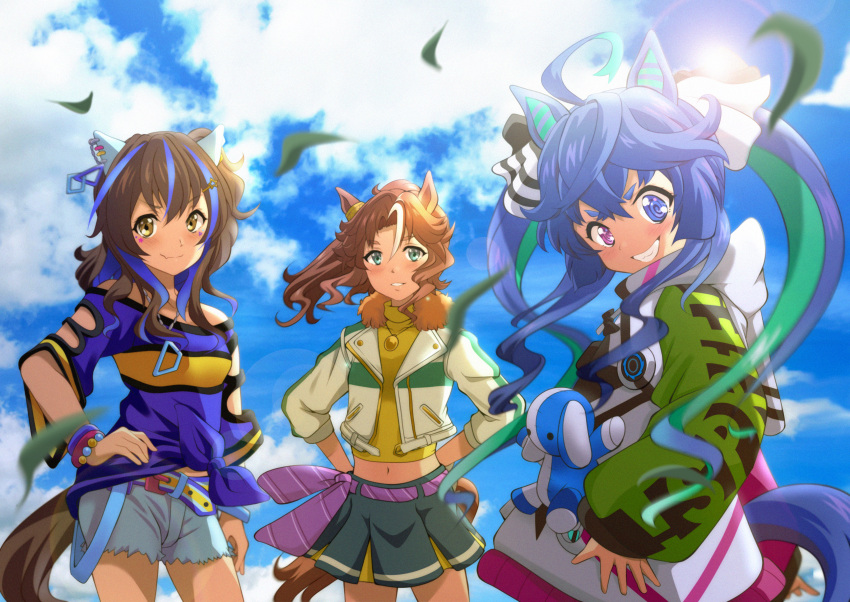 3girls absurdres ahoge animal_ears arms_behind_back bare_shoulders bead_bracelet beads blue_eyes blue_hair blush bracelet breasts brown_hair closed_mouth clothing_cutout clouds cowboy_shot cutoffs daitaku_helios_(umamusume) ear_covers fang fang_out grass grin hand_on_own_hip highres hood hood_down hoodie horse_ears horse_girl horse_tail jacket jewelry kurumiyasan_ns lens_flare long_hair long_sleeves looking_at_viewer looking_to_the_side mejiro_palmer_(umamusume) midriff multiple_girls navel necklace off-shoulder_shirt off_shoulder one_side_up outdoors ponytail shirt short_shorts short_sleeves shorts skin_fang small_breasts smile standing stuffed_animal stuffed_rabbit stuffed_toy sun tail tied_shirt twin_turbo_(umamusume) twintails umamusume v-shaped_eyebrows violet_eyes white_jacket wristband yellow_shirt