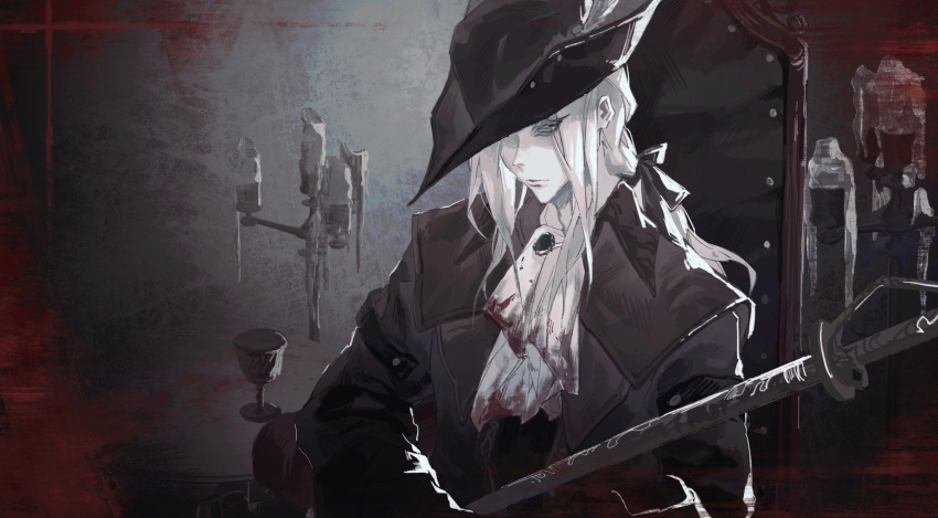 1girl bloodborne bonnet candle colored_skin hat hat_feather highres jiao_chang lady_maria_of_the_astral_clocktower pale_skin solo sword tricorne weapon white_hair white_skin