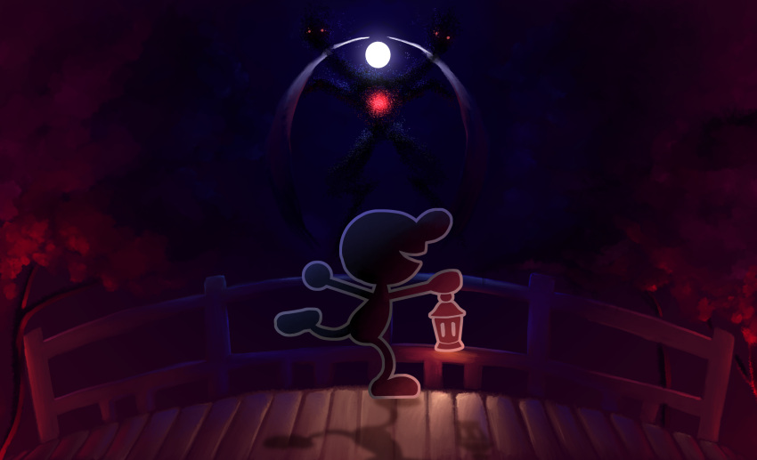 1boy 2others black_skin bridge colored_skin full_moon game_&amp;_watch glowing glowing_eyes highres horror_(theme) lantern light_pollution_(monolith_781) moon mr._game_&amp;_watch multiple_others night night_sky outdoors red_eyes shadow sky smile standing standing_on_one_leg super_smash_bros. tree